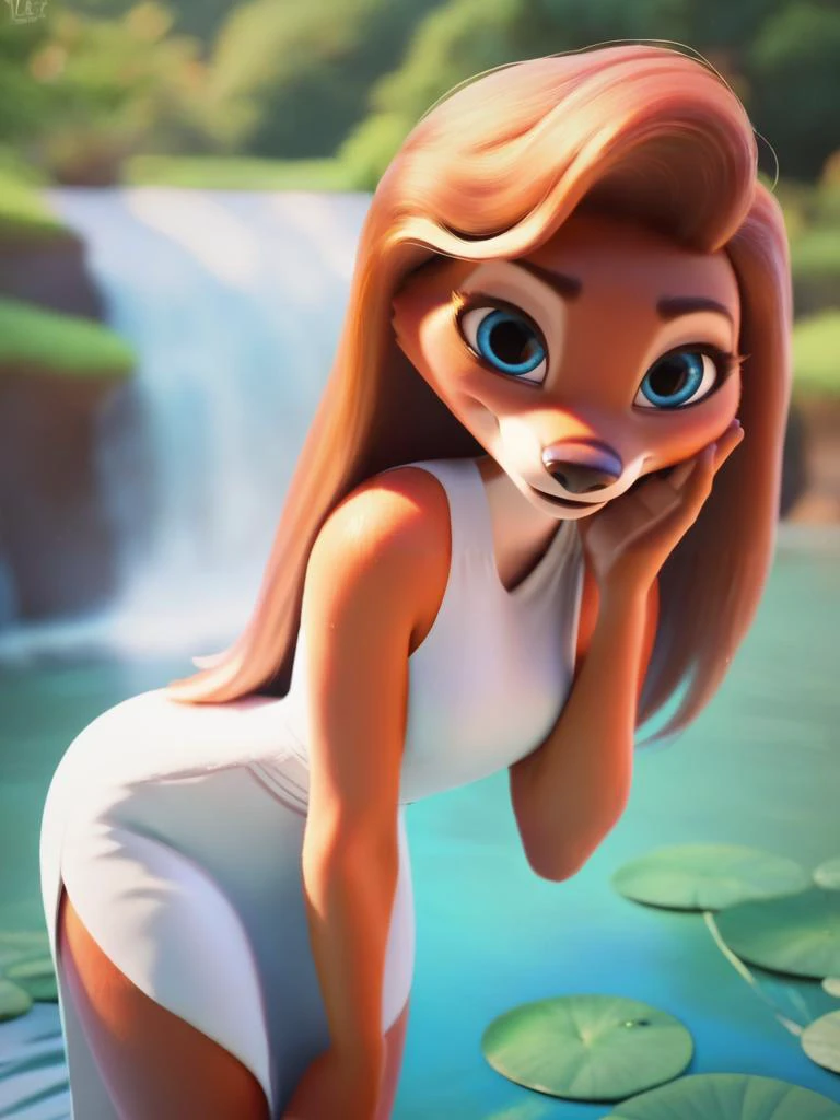 score_9, score_8_up, score_7_up, score_6_up, Furry fox girl swimming on a lake next to a waterfall, (white dress), leaning forward, cute pose, smile, blue eyes, red long hair, looking at viewer, cute, cartoon, detailed landscape, cowboy shot,
<lora:DisneyStudios_style:1> DisneyStyleXLP