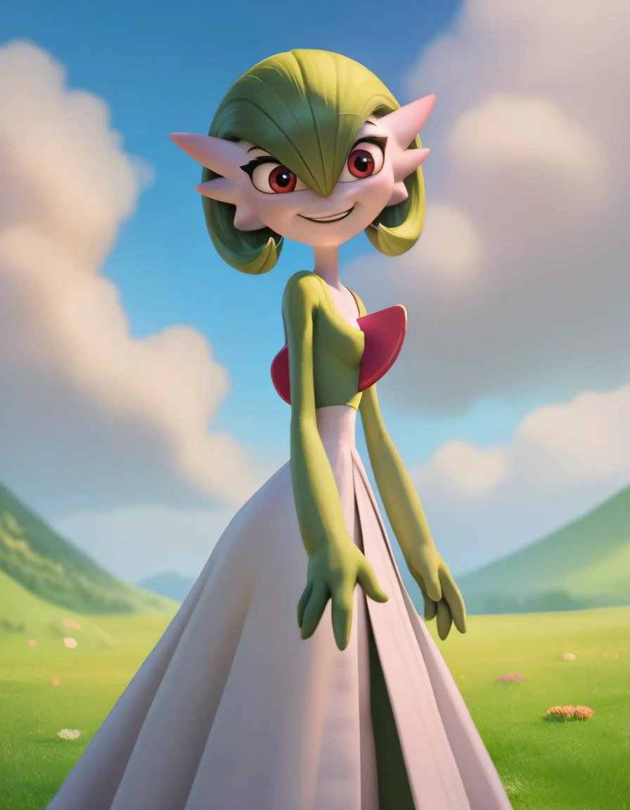score_9, score_8_up, score_7_up, score_6_up, score_5_up, score_4_up, BREAK , black eyeliner, gardevoir, pokemon \(creature\),two-tone_skin, perspective distortion, solo, looking at viewer, smile, small breasts, pokemon, green skin , pink energy aura , grass , sunny cloudy blue sky, long skirt, bloom effect, <lora:DisneyStudios_style:1> DisneyStyleXLP, cartoon, cute, cinematic, art by disney pixar studios