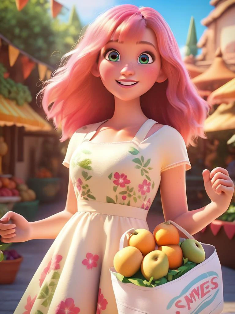 score_9, score_8_up, score_7_up, score_6_up, 1girl, freckles, holding shopping bag, pink hair, sundress, floral print, looking at viewer, dynamic angle, cowboy shot, cute, cartoon, epic pose, smile, blush, wide shot, cute eyes, magic vibes, bangs, floating hair, outdoors, detailed background, cinematic, shops, fruits, market,
<lora:DisneyStudios_style:0.8> DisneyStyleXLP