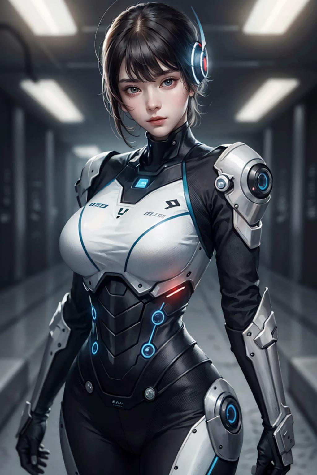 A woman in a futuristic suit standing in a hallway - SeaArt AI