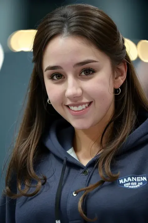 close up of woman at the convention, people in the background <lora:k4c3yk0x_dreambooth:1>, wearing black hoodie, upper body, RAW, HD, 8K, close up, candid, amateur, highly detailed face, cinematic lighting, smiling