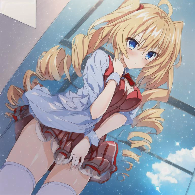 1girl, medium breasts, blonde hair, ahoge, blue eyes,drill hair, red hair tie, twin drills,hair intakes, hair between eyes, shiny hair, short twintails, sidelocks, hair ornament, <lora:ravelPhenexDxd_ravelPhenex:1>, princess dress, braid, classroom, hallway