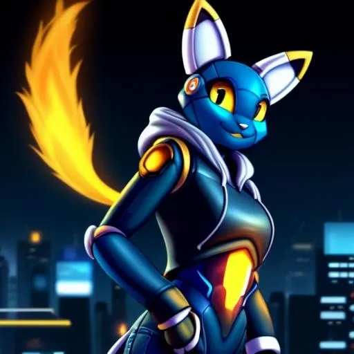 esix, cat girl, furry anthro, floating ears, flaming tail, portrait, full body, blue body, solo, (best quality), sexy pose, smile, black-yellow eyes, detailed background, medium breasts, hoodie, cyberpunk city, night, jeans, (smile:0.8)