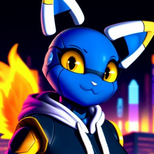 esix, cat girl, furry anthro,  floating ears, flaming tail, portrait, full body, blue body, solo, (best quality), hand on chest, black-yellow eyes, detailed background, medium breasts, hoodie, cyberpunk city, night, (smile:0.8), close up