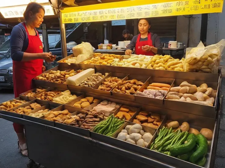 A street food stall manned by an attractive Asian woman, set up along a bustling sidewalk. She is actively preparing or serving food, her appearance reflecting both professionalism and beauty. The colorful and inviting stall displays a variety of local delicacies. Steam or smoke rises from the cooking equipment, adding to the ambiance. The background captures the lively street scene with pedestrians showing interest in the food. The scene should be as realistic as a high-resolution photograph, with natural lighting that highlights the vibrant colors and textures of the food, the authenticity of the street setting, and the allure of the vendor, <lora:t9m:0.75>