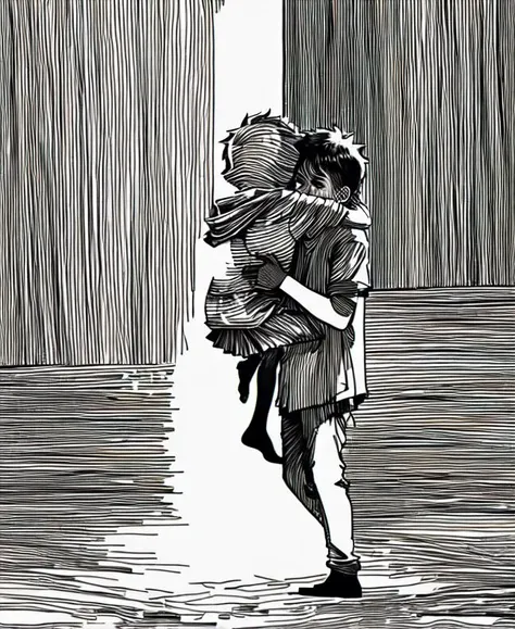 the boy held the girl,sketch,line art,masterpiece,best quality,<lora:xiantiao_style:1>,
