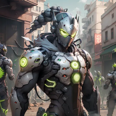 <lora:BugattiAI:0.8>, bugattiai, <lora:genji:0.5> genji, ninja, cyborg, green neon,dynamic pose, solo,