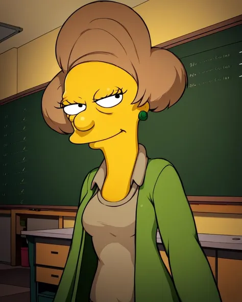 Edna,yellow skin,black eyes,grey or brown hair,
green jacket,grey sweater,earrings,from below,
class room,desk,chalkboard,standing,smile,dress shirt,
the simpsons,
(insanely detailed, beautiful detailed face, masterpiece, best quality),<lora:ednakrabappel:0.8>,