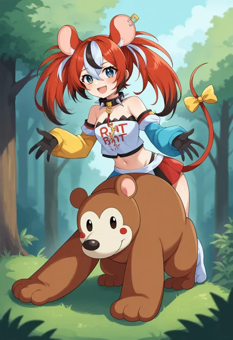 furry girl, cat, red hair, Knight bangs hairstyle, long ponytail, anime style, medium breasts, blue eyes, red vest, open clothes, partial nude, princess crown, farm, clear sky, high quality, detailed body, detailed eyes, detailed face, masterpiece, glistening body, detailed body fur, best quality, two tone body, pink fur, clear pink fur, aeghao, tongue out, milking machine, milking her, breast milk, chained,