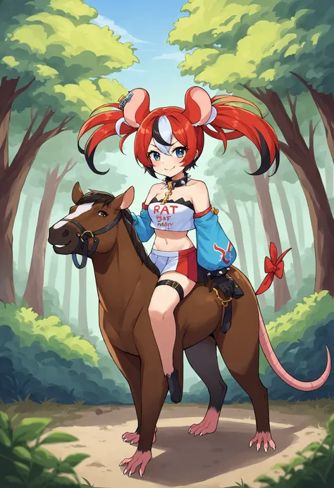 forest
BREAK
score_9, score_8_up,score_7_up, source_ anime, 
BREAK
<lora:HakosBaelzPDXL:0.8> ,1girl,HakosBaelz sitting on horse,riding horse, smiling, looking aside, twintails, mouse tail, tail bow, BaelzBase, twintails, spiked collar, key necklace, bare shoulders, white shirt, clothes writing, asymmetrical sleeves, red and blue sleeve, yellow sleeve, black gloves, midriff, multicolored skirt, thigh strap, mouse tail, tail bow, 
BREAK
[horse:rat:0.15], animal, standing,