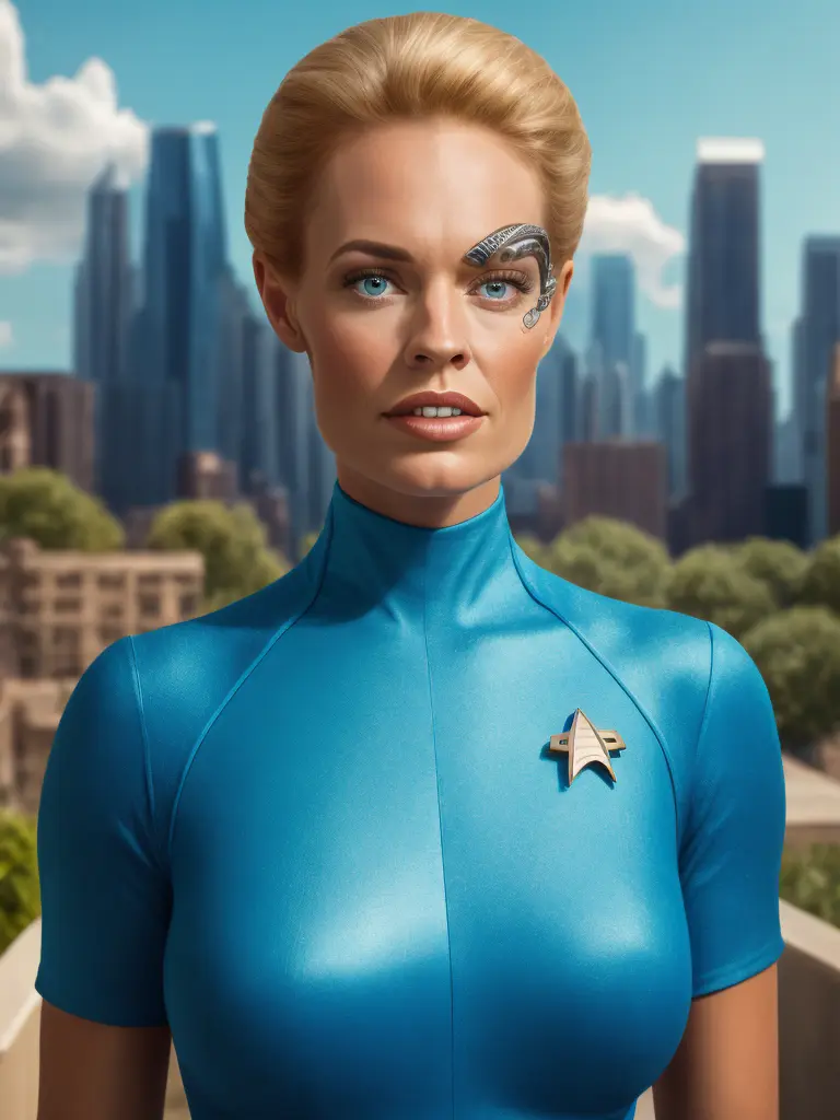 woman <lora:7of9-768:0.7> 7of9 full body shot bright blue summer sky skyscrapers highly detailed skin, skin pores, vellus hair, photoreal 8k UHD