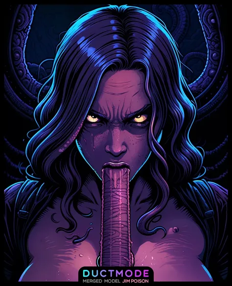 (dan mumford:1.3) cinematic style, extreme close-up the girl has a dildo in her mouth, (correct anatomy:1.2), (nsfw:1.2), gradient lovecraft colors.
