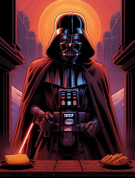 cinematic art by (dan mumford:1.3) style,(close up:1.1) How does Darth Vader like his toast? On the dark side.,exquisite anatomy and posture, 8k uhd, (nsfw:1.2)