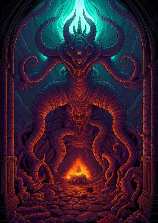 (dan mumford:1.3) cinematic style, demon eating hearth, creeping death fallowing her,, (correct anatomy:1.2), (nsfw:0.9), cosmic horror lovecraft colors.