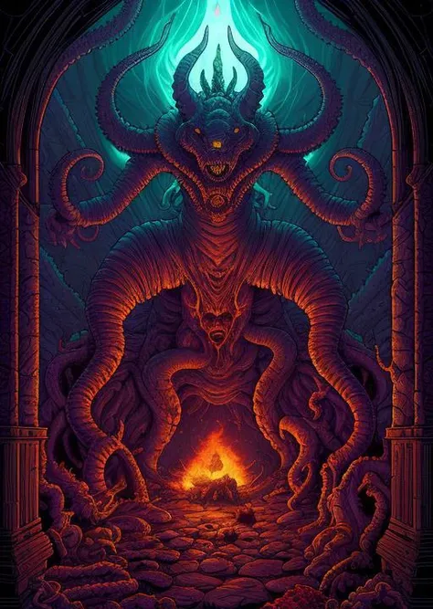 (dan mumford:1.3) cinematic style, demon eating  hearth, creeping death fallowing her,, (correct anatomy:1.2), (nsfw:0.9), cosmic horror lovecraft colors.