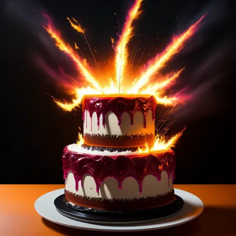an electric colorful flaming cake, <lora:F1ame-000004:1>
