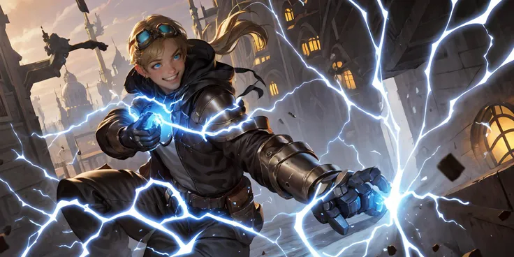 HEZI, LOL, \\\(lol style\\\), game cg, 1boy, electricity, male focus, blue eyes, solo, goggles on head, goggles, smile, brown hair, hood, glowing, gauntlets, gloves, jacket, lightning, building, hood down, looking at viewer, sky, outdoors, weapon, blonde hair, city, grin, fantasy, energy, tower<lora:LOLç®å°ç¹æ²å¤«-ç¥å®(8bit)-000010:0.6>,