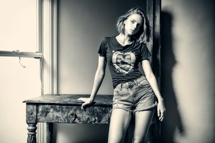 1girl, sks, hands on hips, thin t-shirt, denim shorts, green eyes, short brown hair, wistful expression, artistic composition, full body, long legs, practical shoes, best quality, masterpiece, moody lighting, rule of thirds, (digital photography, photographic realism, incredible detail:1.3), realistic textures, <lora:add_detail:1>