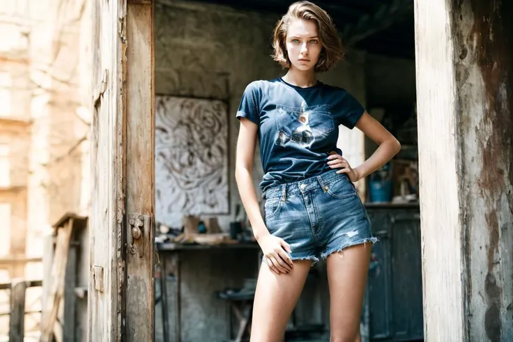 1girl, sks, hands on hips, thin t-shirt, denim shorts, green eyes, short brown hair, exasperated expression, artistic composition, full body, long legs, practical shoes, best quality, masterpiece, moody lighting, rule of thirds, (digital photography, photographic realism, incredible detail:1.3), realistic textures, <lora:add_detail:1>