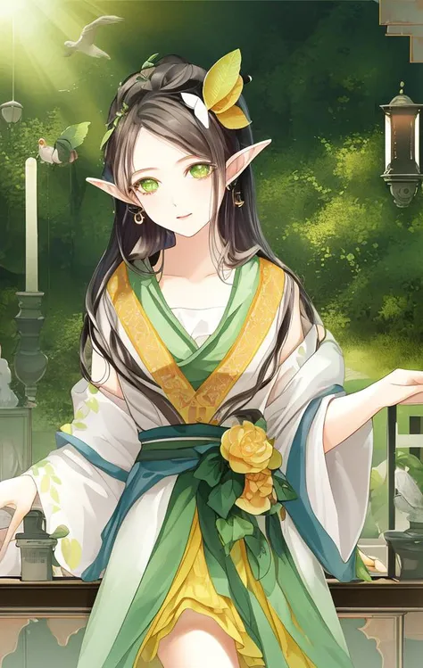 (((masterpiece))),(((bestquality))),((ultra-detailed)),(illustration),((anextremelydelicateandbeautiful)),dynamicangle,floating,(beautifuldetailedeyes),(detailedlight) (1girl),small_breasts,floating_hair,glowingeyes,pointy_ears,whitehair,greeneyes,halterdress, feather,leaves,nature,(sunlight),river,(forest),(painting),(sketch),(bloom)