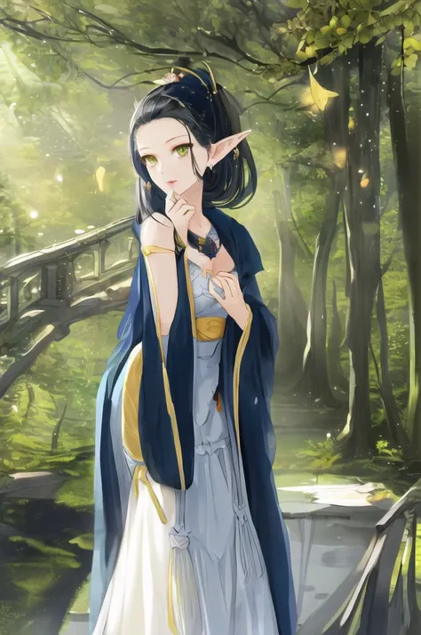 (((masterpiece))),(((bestquality))),((ultra-detailed)),(illustration),((anextremelydelicateandbeautiful)),dynamicangle,floating,(beautifuldetailedeyes),(detailedlight) (1girl),small_breasts,floating_hair,glowingeyes,pointy_ears,whitehair,greeneyes,halterdress, feather,leaves,nature,(sunlight),river,(forest),(painting),(sketch),(bloom)
