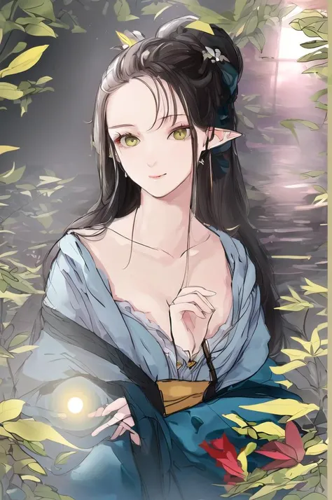 (((masterpiece))),(((bestquality))),((ultra-detailed)),(illustration),((anextremelydelicateandbeautiful)),dynamicangle,floating,(beautifuldetailedeyes),(detailedlight) (1girl),small_breasts,floating_hair,glowingeyes,pointy_ears,whitehair,greeneyes,halterdress, feather,leaves,nature,(sunlight),river,(forest),(painting),(sketch),(bloom)