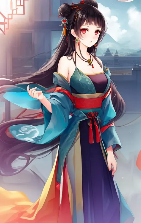 ((masterpiece)), ((best quality)), ((official art)), (extremely detailed CG unity 8k wallpaper), ((highly detailed)), ((illustration)), traditional chinese painting,((Chinese wind)),((a girl)), (single), staring, fairy,hair_ornament, earrings, jewelry, (very long hair), (messy_hair), bare shoulders, ribbon,hairs between eyes, beautiful detailed sky,full body,close-up,arms behind back,Taoist robe, thighs, aloft, mist-shrouded,chinadre,overexposure,[wet clothes],medium breast,solo,[doll],Bare thigh,incredibly_absurdres,intense angle ,pleated dress,chinese style architecture,single hair bun,white_hair,red_eyes,sideways glance,cold attitude,eyeshadow,eyeliner,eyes visible through hair,no shoes,ribbon-trimmed sleeves,earrings,necklace,tiara,medium_breasts,sunlight,reflection light,ray tracing,Phoenix crown and rosy robe,blush