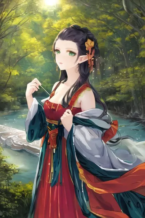 (((masterpiece))),(((bestquality))),((ultra-detailed)),(illustration),((anextremelydelicateandbeautiful)),dynamicangle,floating,(beautifuldetailedeyes),(detailedlight) (1girl),small_breasts,floating_hair,glowingeyes,pointy_ears,whitehair,greeneyes,halterdress, feather,leaves,nature,(sunlight),river,(forest),(painting),(sketch),(bloom)