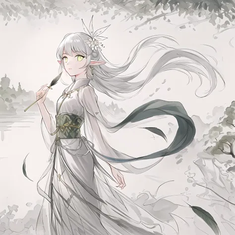 (((masterpiece))),(((bestquality))),((ultra-detailed)),(illustration),((anextremelydelicateandbeautiful)),dynamicangle,floating,(beautifuldetailedeyes),(detailedlight) (1girl),small_breasts,floating_hair,glowingeyes,pointy_ears,whitehair,greeneyes,halterdress, feather,leaves,nature,(sunlight),river,(forest),(painting),(sketch),(bloom)