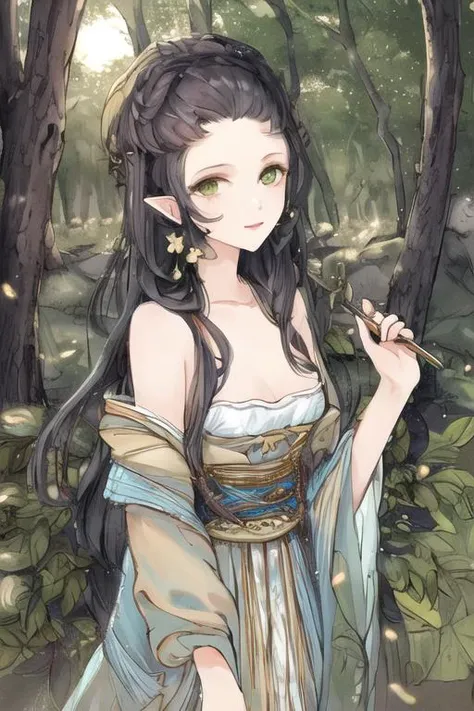 (((masterpiece))),(((bestquality))),((ultra-detailed)),(illustration),((anextremelydelicateandbeautiful)),dynamicangle,floating,(beautifuldetailedeyes),(detailedlight) (1girl),small_breasts,floating_hair,glowingeyes,pointy_ears,whitehair,greeneyes,halterdress, feather,leaves,nature,(sunlight),river,(forest),(painting),(sketch),(bloom)
