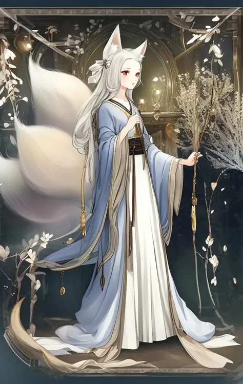 {best quality}, {{masterpiece}}, {highres}, {an extremely delicate and beautiful}, original, extremely detailed wallpaper, one Fox Girl,{{{Nine fox tails}}},Small ear,Long hair, white hair,Witch dress,look at me,full body