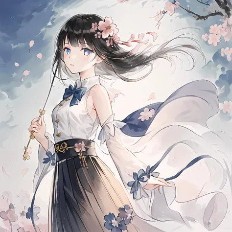 (((masterpiece))),(((bestquality))),((ultra-detailed)),(illustration),(1girl),(solo),((anextremelydelicateandbeautiful)),littlegirl,((beautifuldetailedsky)),beautifuldetailedeyes,sidebluntbangs,hairsbetweeneyes,ribbons,bowties,buttons,bareshoulders,(smallbreast),blankstare,pleatedskirt,closetoviewer,((breeze)),Flyingsplashes,Flyingpetals,wind