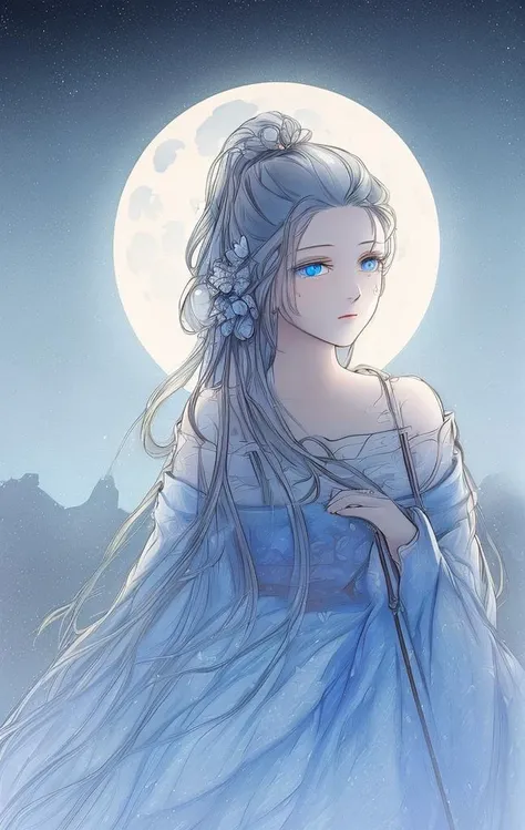 (((masterpiece))),(((bestquality))),((ultra-detailed)),(illustration),((anextremelydelicateandbeautiful)),cinematicangle,floating,(beautifuldetailedeyes),(detailedlight),cinematiclighting,beautifullydetailedsky,
(1girl),whitehair,blueeyes,(highponytail),cloak,glowingeyes,
((moon)),(moonlight),starrysky,(lightingparticle),fog,snow
(painting),(sketch),(bloom)