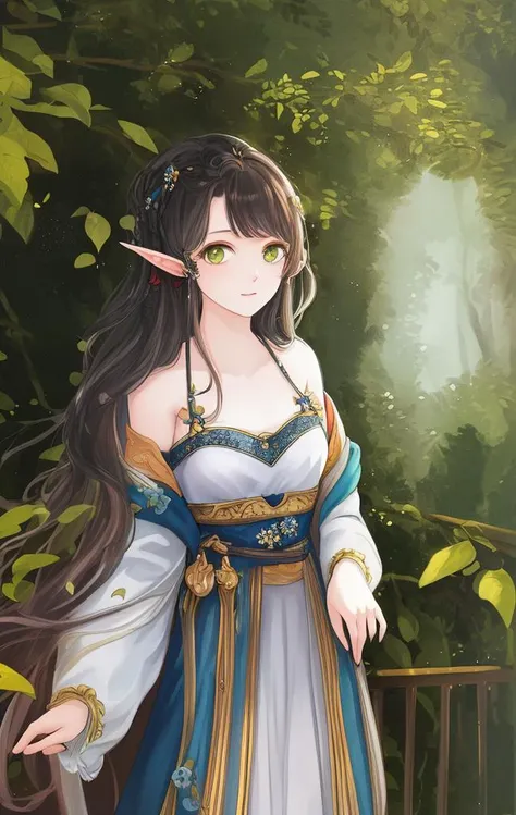(((masterpiece))),(((bestquality))),((ultra-detailed)),(illustration),((anextremelydelicateandbeautiful)),dynamicangle,floating,(beautifuldetailedeyes),(detailedlight) (1girl),small_breasts,floating_hair,glowingeyes,pointy_ears,whitehair,greeneyes,halterdress, feather,leaves,nature,(sunlight),river,(forest),(painting),(sketch),(bloom)