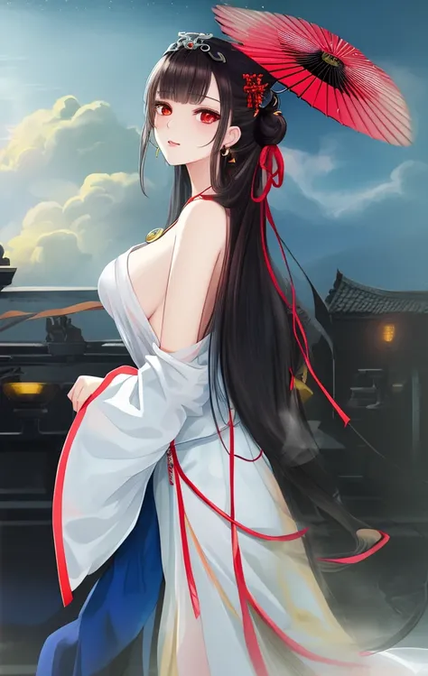((masterpiece)), ((best quality)), ((official art)), (extremely detailed CG unity 8k wallpaper), ((highly detailed)), ((illustration)), traditional chinese painting,((Chinese wind)),((a girl)), (single), staring, fairy,hair_ornament, earrings, jewelry, (very long hair), (messy_hair), bare shoulders, ribbon,hairs between eyes, beautiful detailed sky,full body,close-up,arms behind back,Taoist robe, thighs, aloft, mist-shrouded,chinadre,overexposure,[wet clothes],medium breast,solo,[doll],Bare thigh,incredibly_absurdres,intense angle ,pleated dress,chinese style architecture,single hair bun,white_hair,red_eyes,sideways glance,cold attitude,eyeshadow,eyeliner,eyes visible through hair,no shoes,ribbon-trimmed sleeves,earrings,necklace,tiara,medium_breasts,sunlight,reflection light,ray tracing,loli,Phoenix crown and rosy robe,blush
