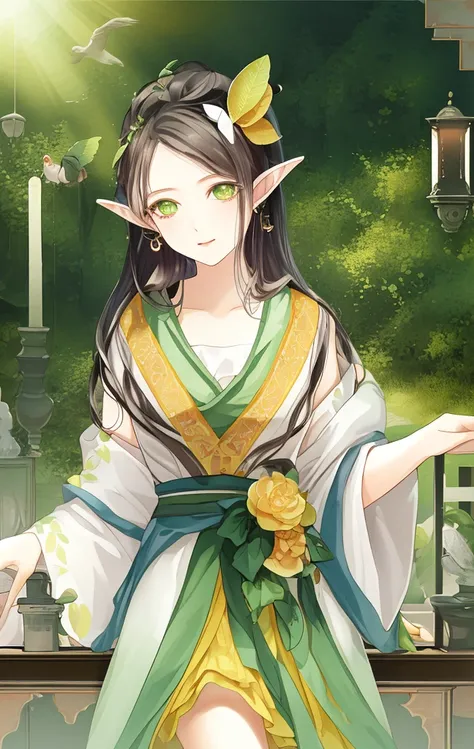(((masterpiece))),(((bestquality))),((ultra-detailed)),(illustration),((anextremelydelicateandbeautiful)),dynamicangle,floating,(beautifuldetailedeyes),(detailedlight) (1girl),loli,small_breasts,floating_hair,glowingeyes,pointy_ears,whitehair,greeneyes,halterdress, feather,leaves,nature,(sunlight),river,(forest),(painting),(sketch),(bloom)