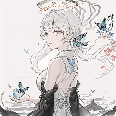 (Highest picture quality),(Master's work), (ultra-detailed),(Detailed eye description:1.2),(floating colorful wind:1.4),(upper body:1.5),(manny colorful butterfly:1.3),(clouds sea:1.4),(lens flare:1.3),(grim expression:1.5),(cleavage),(movie poster:1.0,(Tarot border:1.0),a girl dress,(white armor:1.3),(blue ribbon:1.2),(water magic:1.2),(medium breasts),(thigh bands),(white hair:1.3),(high twintails),the portrait is centered,(from below:1.1),(close-up:1.2),(looking back:1.5),(chaotic geometric images:1.3),(nagative space:0.8),(drawing board:1.3),(huge crystal ball:1.2), (halo:1.3),(ether colorful ink flowing:1.3),(back_cutout:1.3)