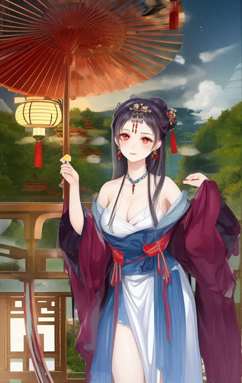 ((masterpiece)), ((best quality)), ((official art)), (extremely detailed CG unity 8k wallpaper), ((highly detailed)), ((illustration)), traditional chinese painting,((Chinese wind)),((a girl)), (single), staring, fairy,hair_ornament, earrings, jewelry, (very long hair), (messy_hair), bare shoulders, ribbon,hairs between eyes, beautiful detailed sky,full body,close-up,arms behind back,Taoist robe, thighs, aloft, mist-shrouded,chinadre,overexposure,[wet clothes],medium breast,solo,[doll],Bare thigh,incredibly_absurdres,intense angle ,pleated dress,chinese style architecture,single hair bun,white_hair,red_eyes,sideways glance,cold attitude,eyeshadow,eyeliner,eyes visible through hair,no shoes,ribbon-trimmed sleeves,earrings,necklace,tiara,medium_breasts,sunlight,reflection light,ray tracing,Phoenix crown and rosy robe,blush