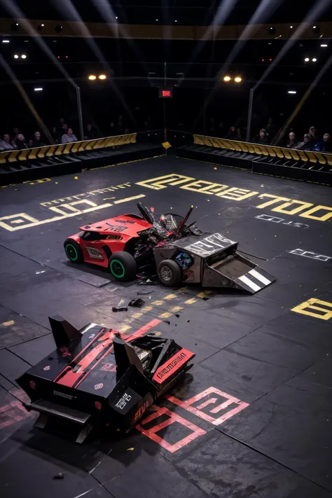 battlebots fight, two robots fighting in an arena <lora:battlebots:1> , smoke <lora:RoadWreck_Simulator:0.4> RoadWreck_Simulator