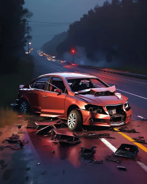 RoadWreck_Simulator , a car that is sitting on the side of a road , Filip Hodas, dan mumford. octane render, auto-destructive art<lora:RoadWreck_Simulator_sdxl:1.0>