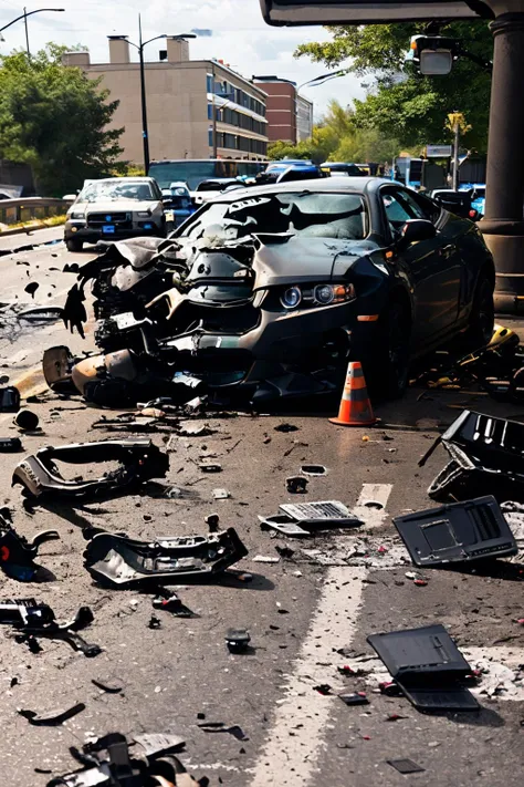 The crumpled front end of a car meets the formidable concrete barrier, showcasing the force and impact of the crash in a close-up shot that conveys a sense of intensity:1.5, crumpled front end:1.2, car:1.1, concrete barrier:1.1, force and impact:1.1, crash:1.0, close-up shot:1.1, intensity:1.0. , RoadWreck_Simulator
