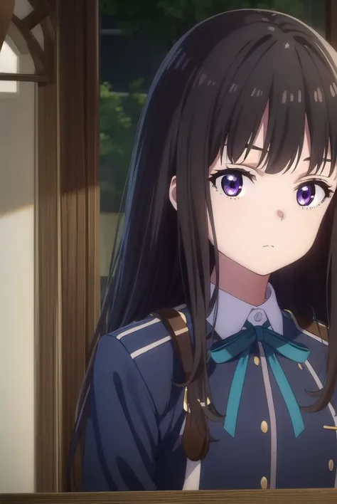 takinainoue, <lyco:takinainoues1-lyco-nochekaiser:1>, 
inoue takina, long hair, bangs, black hair, (purple eyes:1.2),
BREAK shirt, long sleeves, dress, ribbon, school uniform, white shirt, collared shirt, belt, neck ribbon, blue dress, green ribbon, pleated dress, grey dress, two-tone dress, blue belt, lycoris uniform,
BREAK outdoors, city,
BREAK looking at viewer, (cowboy shot:1.5),
BREAK <lyco:GoodHands-beta2:1>, (masterpiece:1.2), best quality, high resolution, unity 8k wallpaper, (illustration:0.8), (beautiful detailed eyes:1.6), extremely detailed face, perfect lighting, extremely detailed CG, (perfect hands, perfect anatomy),