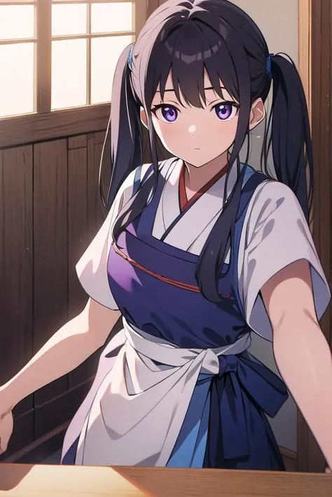 takinainoue, <lyco:takinainoue-LYCORIStest:1>, inoue takina, long hair, bangs, black hair, twintails, (purple eyes:1.2), (small breast:1.2), BREAK japanese clothes, kimono, apron, waist apron, blue kimono, waitress, BREAK indoors, BREAK <lora:GoodHands-vanilla:1>, (masterpiece:1.2), best quality, high resolution, unity 8k wallpaper, (illustration:0.8), (beautiful detailed eyes:1.6), extremely detailed face, perfect lighting, extremely detailed CG, (perfect hands, perfect anatomy),