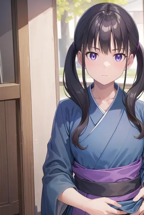 takinainoue, <lyco:takinainouechickeiii-lyco-nochekaiser:1>, 
inoue takina, long hair, bangs, twintails, black hair, (purple eyes:1.2),
BREAK japanese clothes, kimono, apron, waist apron, blue kimono, waitress,
BREAK indoors, cafe,
BREAK looking at viewer, (cowboy shot:1.5),
BREAK <lyco:GoodHands-beta2:1>, (masterpiece:1.2), best quality, high resolution, unity 8k wallpaper, (illustration:0.8), (beautiful detailed eyes:1.6), extremely detailed face, perfect lighting, extremely detailed CG, (perfect hands, perfect anatomy),