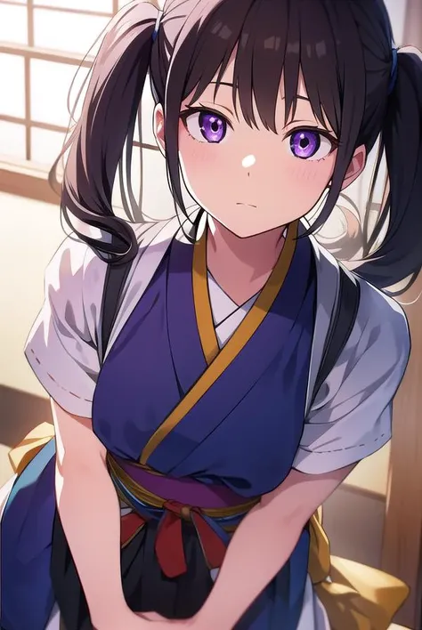 takinainoue, <lyco:takinainoue-LYCORIStest:1>, inoue takina, long hair, bangs, black hair, twintails, (purple eyes:1.2), (small breast:1.2), BREAK japanese clothes, kimono, apron, waist apron, blue kimono, waitress, BREAK indoors, BREAK <lora:GoodHands-vanilla:1>, (masterpiece:1.2), best quality, high resolution, unity 8k wallpaper, (illustration:0.8), (beautiful detailed eyes:1.6), extremely detailed face, perfect lighting, extremely detailed CG, (perfect hands, perfect anatomy),