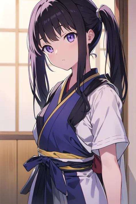 takinainoue, <lyco:takinainoue-LYCORIStest:1>, inoue takina, long hair, bangs, black hair, twintails, (purple eyes:1.2), (small breast:1.2), BREAK japanese clothes, kimono, apron, waist apron, blue kimono, waitress, BREAK indoors, BREAK <lora:GoodHands-vanilla:1>, (masterpiece:1.2), best quality, high resolution, unity 8k wallpaper, (illustration:0.8), (beautiful detailed eyes:1.6), extremely detailed face, perfect lighting, extremely detailed CG, (perfect hands, perfect anatomy),