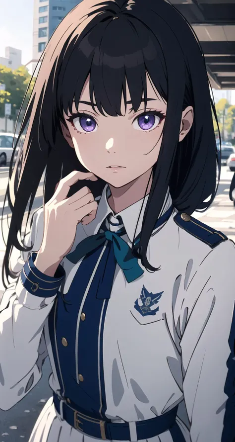 1girl,solo,takinainoue, inoue takina, long hair, bangs, black hair, (purple eyes:1.2), BREAK shirt, long sleeves, dress, ribbon, school uniform, white shirt, collared shirt, belt, neck ribbon, blue dress, green ribbon, pleated dress, grey dress, two-tone dress, blue belt, lycoris uniform, BREAK outdoors, city, BREAK <lora:GoodHands-vanilla:1>, (masterpiece:1.2), best quality, high resolution, unity 8k wallpaper, (illustration:0.8), (beautiful detailed eyes:1.6), extremely detailed face, perfect lighting, extremely detailed CG, (perfect hands, perfect anatomy),
<lora:takinainoue-LYCORIStest:1>