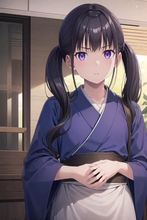 takinainoue, <lyco:takinainouechickeiii-lyco-nochekaiser:1>, 
inoue takina, long hair, bangs, twintails, black hair, (purple eyes:1.2),
BREAK japanese clothes, kimono, apron, waist apron, blue kimono, waitress,
BREAK indoors, cafe,
BREAK looking at viewer, (cowboy shot:1.5),
BREAK <lyco:GoodHands-beta2:1>, (masterpiece:1.2), best quality, high resolution, unity 8k wallpaper, (illustration:0.8), (beautiful detailed eyes:1.6), extremely detailed face, perfect lighting, extremely detailed CG, (perfect hands, perfect anatomy),