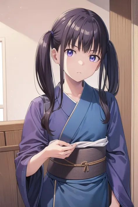 takinainoue, <lyco:takinainouechickeiii-lyco-nochekaiser:1>, 
inoue takina, long hair, bangs, twintails, black hair, (purple eyes:1.2),
BREAK japanese clothes, kimono, apron, waist apron, blue kimono, waitress,
BREAK indoors, cafe,
BREAK looking at viewer, (cowboy shot:1.5),
BREAK <lyco:GoodHands-beta2:1>, (masterpiece:1.2), best quality, high resolution, unity 8k wallpaper, (illustration:0.8), (beautiful detailed eyes:1.6), extremely detailed face, perfect lighting, extremely detailed CG, (perfect hands, perfect anatomy),