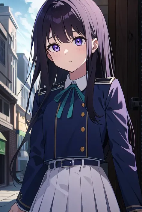 takinainoue, <lyco:takinainoue-LYCORIStest:1>, inoue takina, long hair, bangs, black hair, (purple eyes:1.2), BREAK shirt, long sleeves, dress, ribbon, school uniform, white shirt, collared shirt, belt, neck ribbon, blue dress, green ribbon, pleated dress, grey dress, two-tone dress, blue belt, lycoris uniform, BREAK outdoors, city, BREAK <lora:GoodHands-vanilla:1>, (masterpiece:1.2), best quality, high resolution, unity 8k wallpaper, (illustration:0.8), (beautiful detailed eyes:1.6), extremely detailed face, perfect lighting, extremely detailed CG, (perfect hands, perfect anatomy),